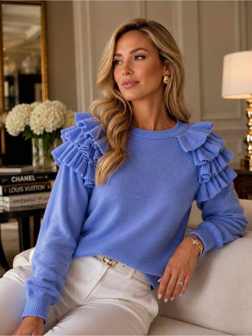 Charter Club Light Blue Ruffle Shoulder Cashmere Sweater Cozy QuietLuxury Preppy